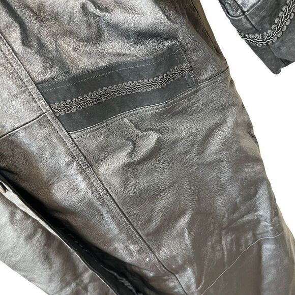 Vintage Greg Bell Leather 80’s Matrix Black Paisley Patchwork Long Trench Coat - Picture 5 of 16